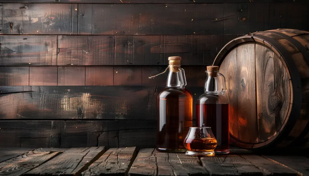 oak-barrels-with-bottle-glass-cold-whiskey-dark-wooden