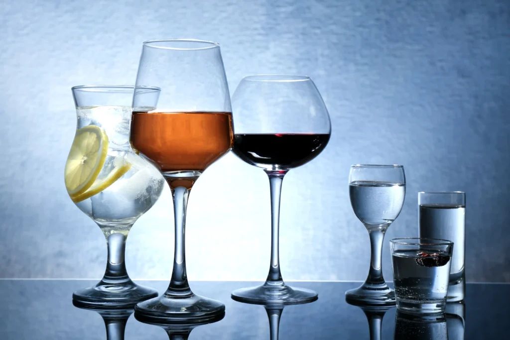 vodka and wine in different glasses
