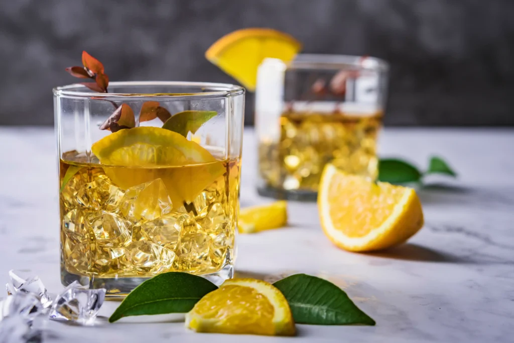 whiskey in glass with lime