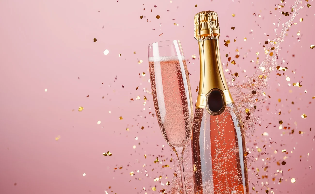 celebratory-sparkling-wine-bottle-flute-with-glittering-confetti-pink-background