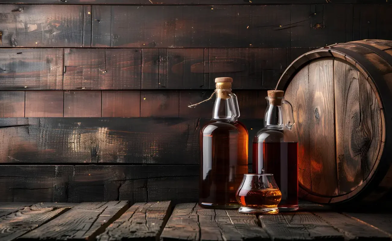 oak-barrels-with-bottle-glass-cold-whiskey-dark-wooden