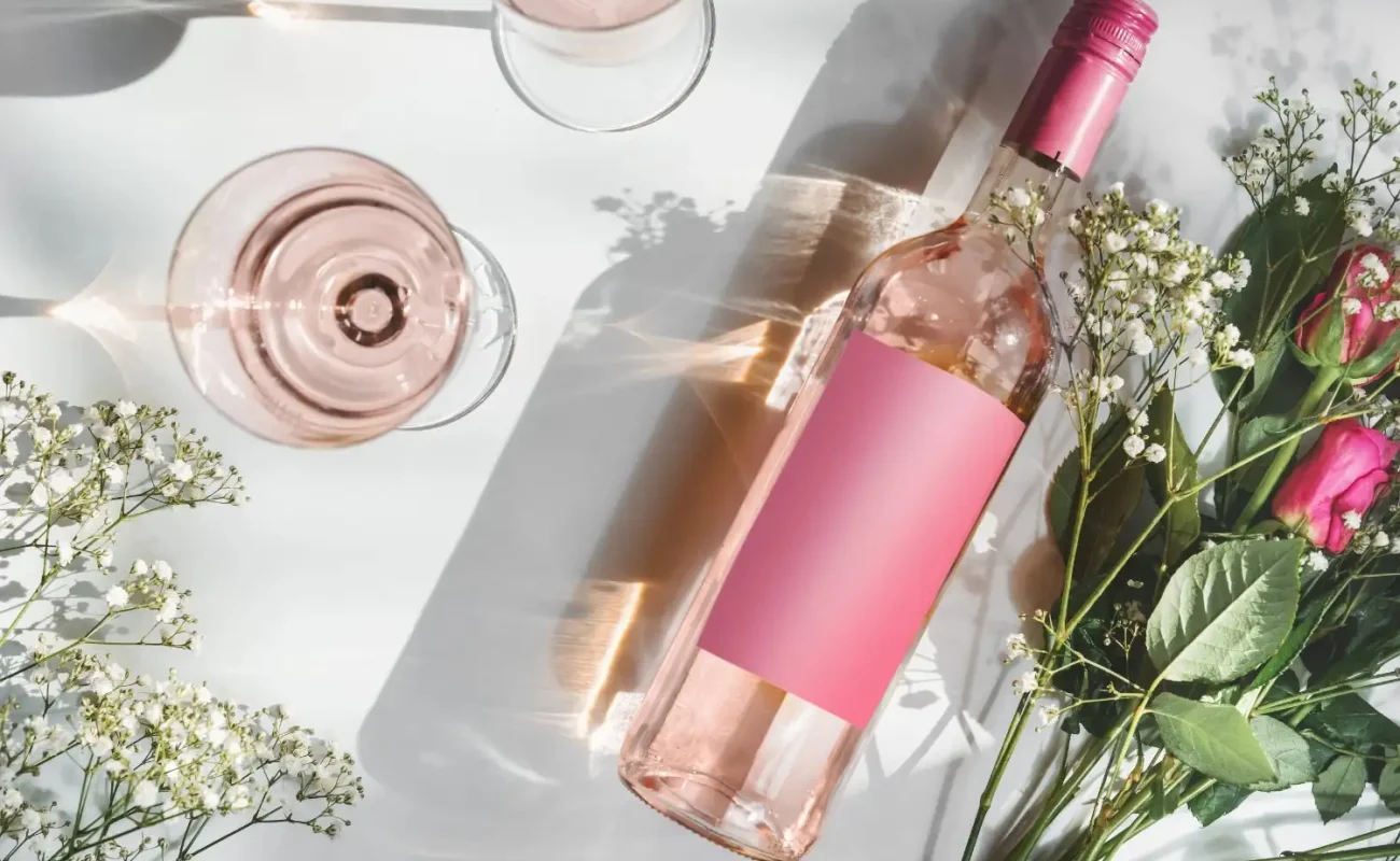 rose-wine-bottle-between flowers