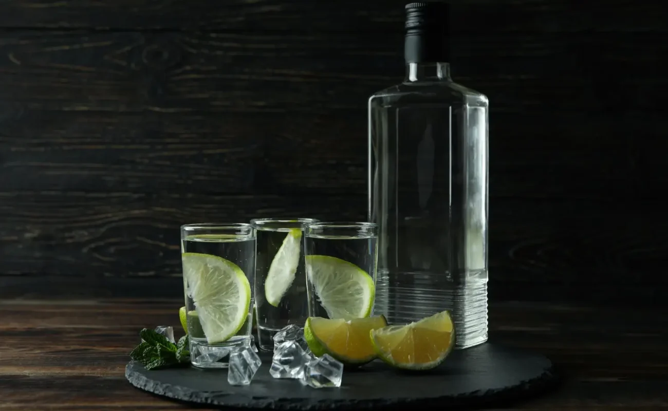 tray-with-bottle-shots-vodka-lime-ice-wooden