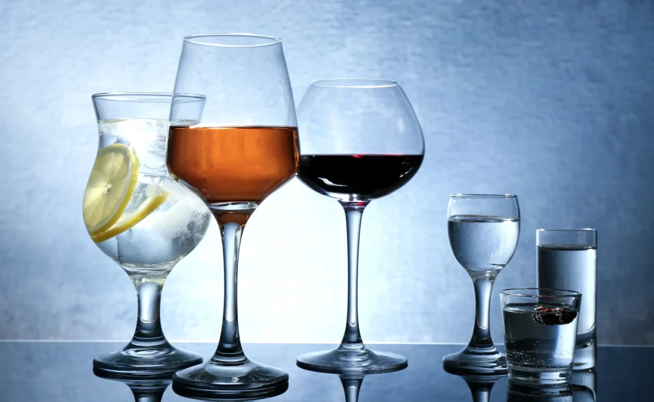 vodka and wine in different glasses
