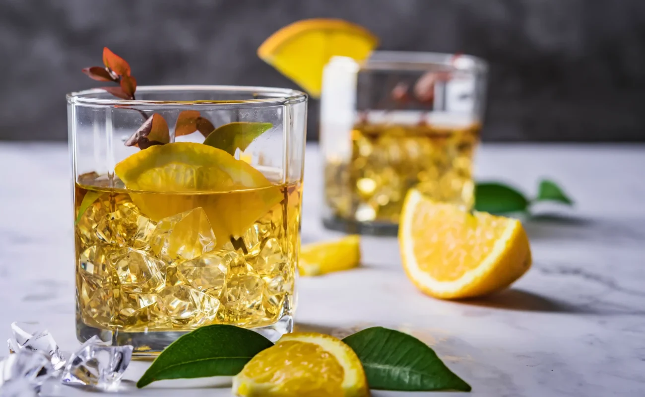 whiskey in glass with lime